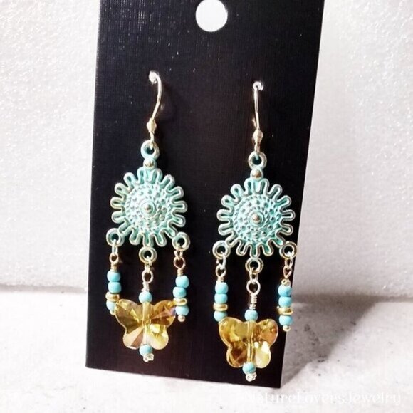 Upbeat! Boho! Playful Butterfly Chandelier Earrings! Yellow + Aqua + Turquoise - Picture 1 of 8